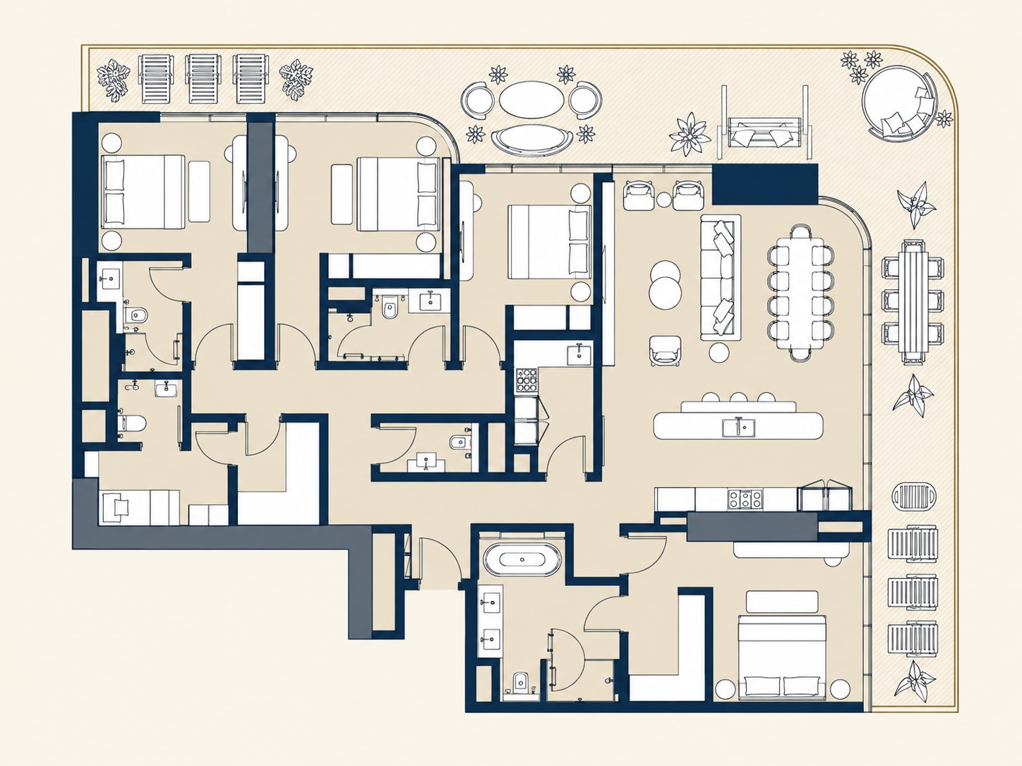 4-bedroom Address Residences floor plan redrawn from the supplied plan in navy and ivory